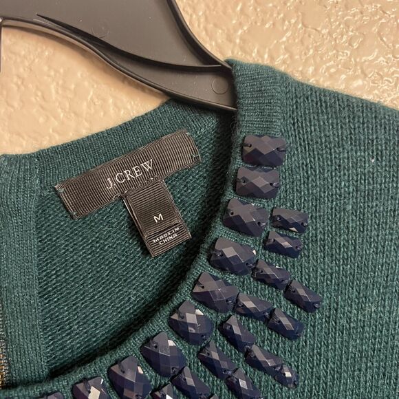 J.Crew Jeweled Starburst Sweater Green Soft Wool Blend Rhinestone Sz M 3/4 Slv - Picture 4 of 5